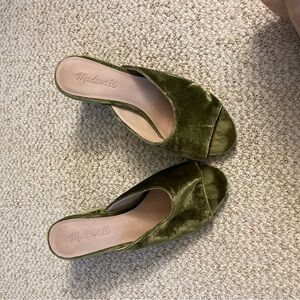 Madewell Green Mules with Bow Detail and Velvet Texture